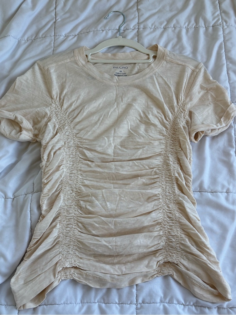Anthropologie Pilcro Ruched Slub Tee Cream Crew Neck Short Sleeve Fitted XS